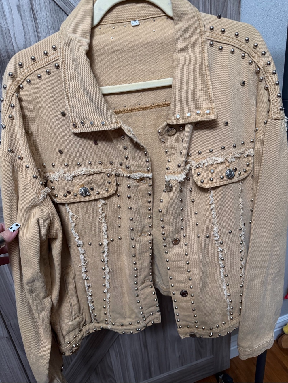 2XL Tan Studded Denim Jacket Western Boho 100% Cotton